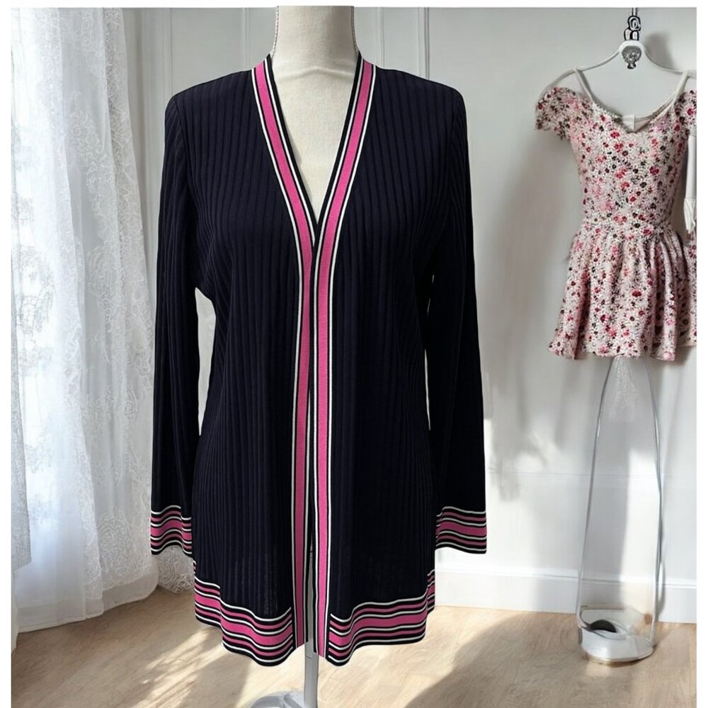 Misook Navy Preppy Chic Rib Knit Open Front Lightweight  Long Cardigan Sweater S